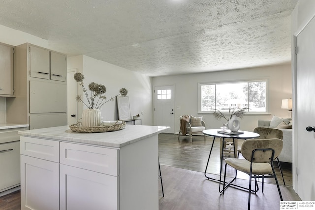 kitchen featuring hardwood / wood-style floors, white cabinetry, a center island, and light stone countertops