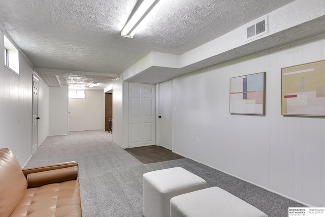 basement with carpet floors and a textured ceiling