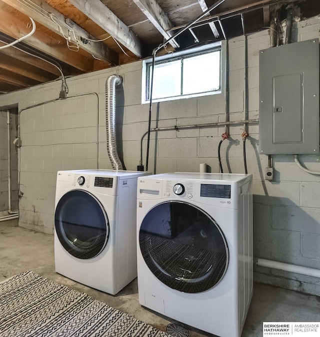 laundry room featuring electric panel and washer and dryer