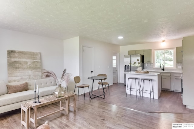 living room featuring sink, wood-type flooring, and a textured ceiling