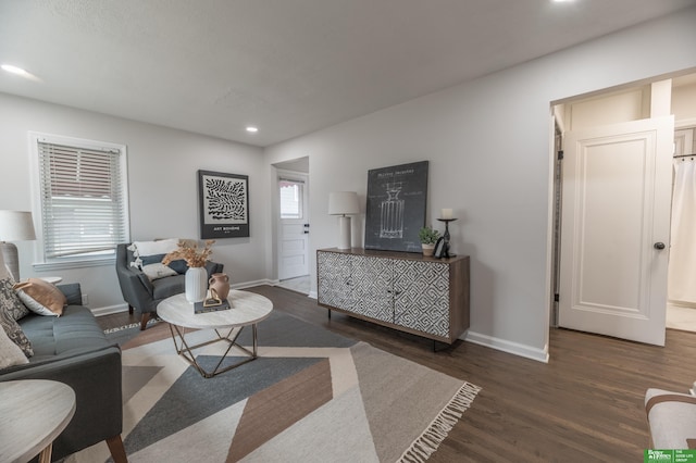 living room featuring a wealth of natural light and dark hardwood / wood-style flooring