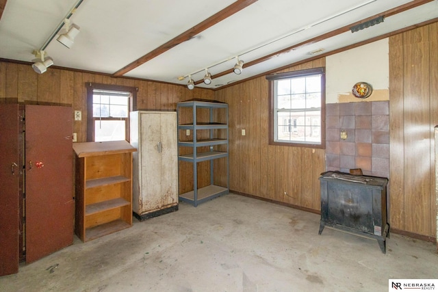 basement featuring wood walls, a healthy amount of sunlight, a wood stove, and track lighting