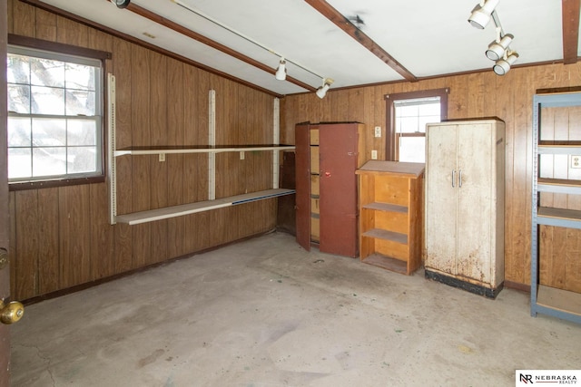 garage featuring wood walls