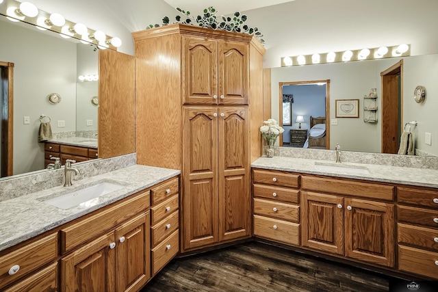 bathroom with hardwood / wood-style flooring and vanity