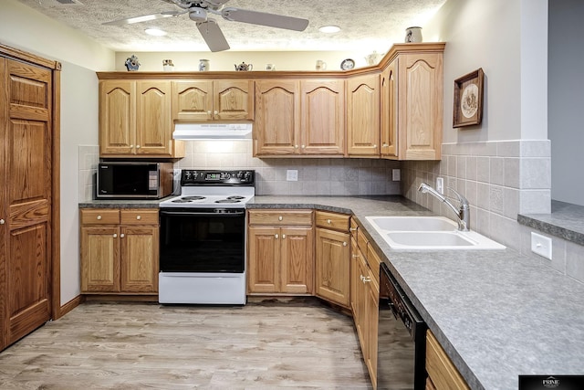 kitchen with ceiling fan, sink, light wood-type flooring, tasteful backsplash, and black appliances