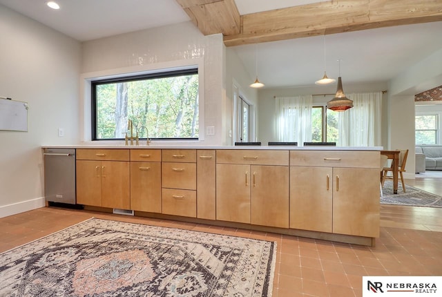 kitchen featuring dishwasher, light brown cabinets, beamed ceiling, sink, and hanging light fixtures