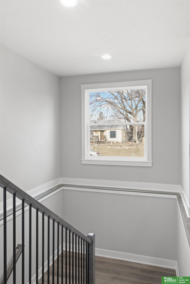 stairway featuring hardwood / wood-style flooring