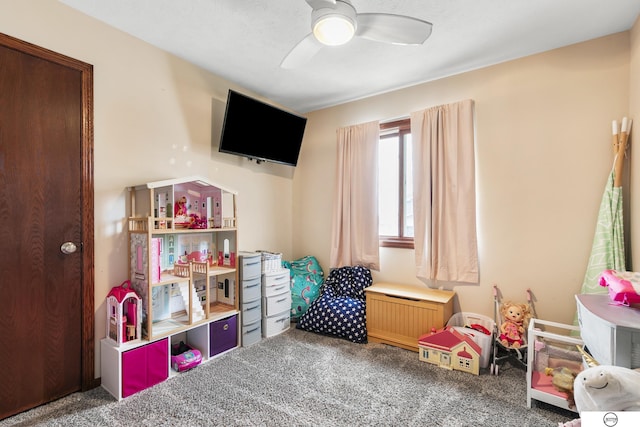 game room featuring carpet flooring and ceiling fan