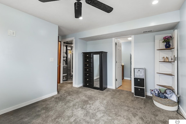 bedroom featuring carpet flooring and ceiling fan