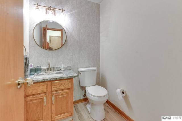 bathroom with hardwood / wood-style flooring, vanity, and toilet