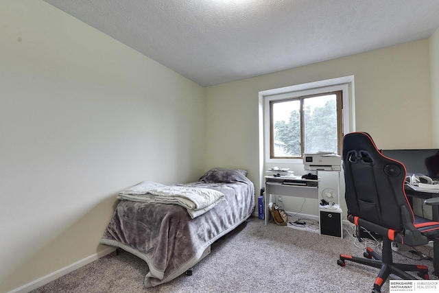 carpeted bedroom with a textured ceiling