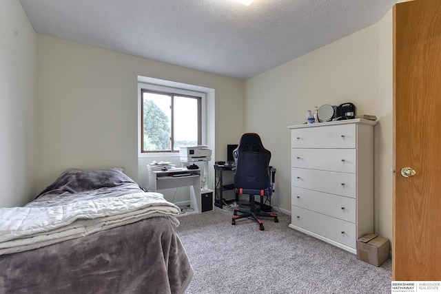 bedroom with light carpet and a textured ceiling