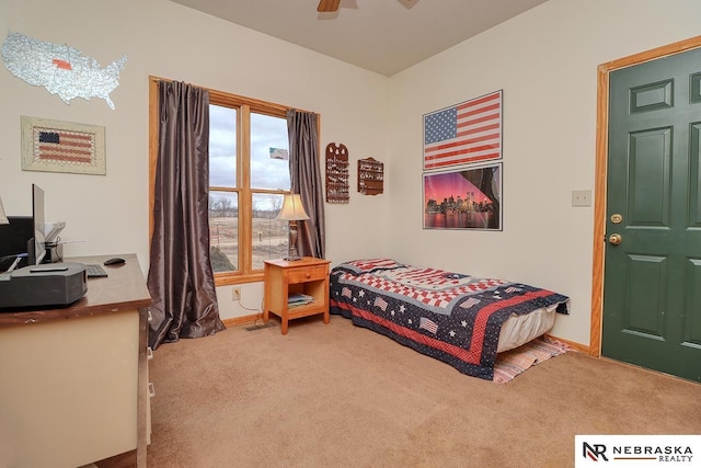 carpeted bedroom featuring ceiling fan