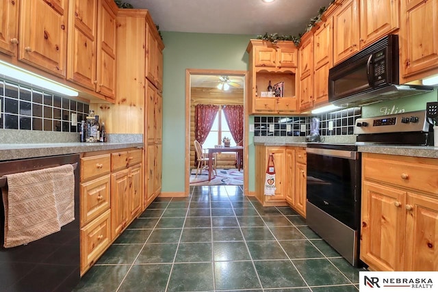 kitchen featuring dishwasher, decorative backsplash, ceiling fan, and stainless steel electric range