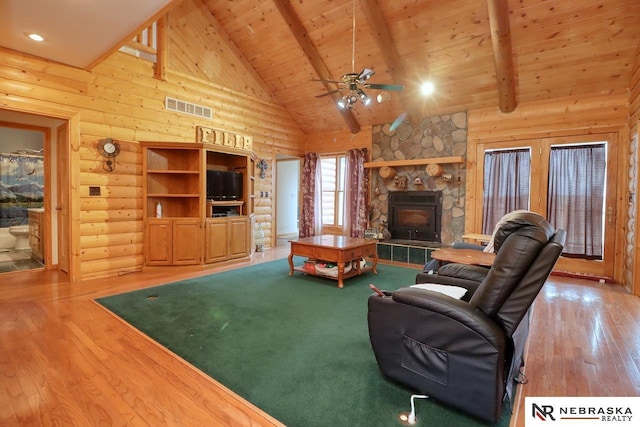 living room featuring beamed ceiling, wooden ceiling, log walls, and high vaulted ceiling