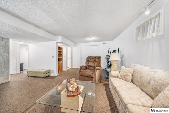 living room featuring carpet floors and a textured ceiling