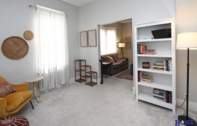 living area with light colored carpet