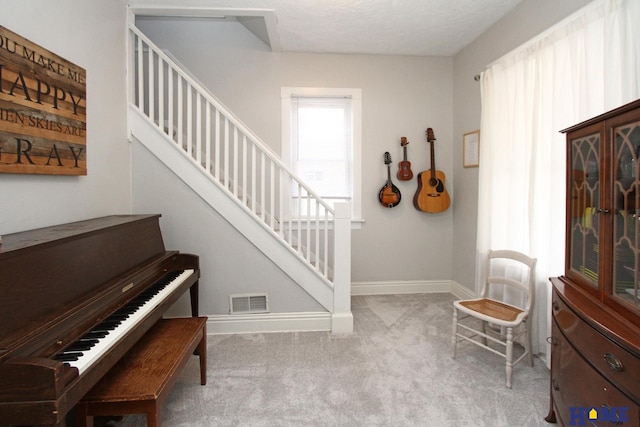 miscellaneous room with light colored carpet