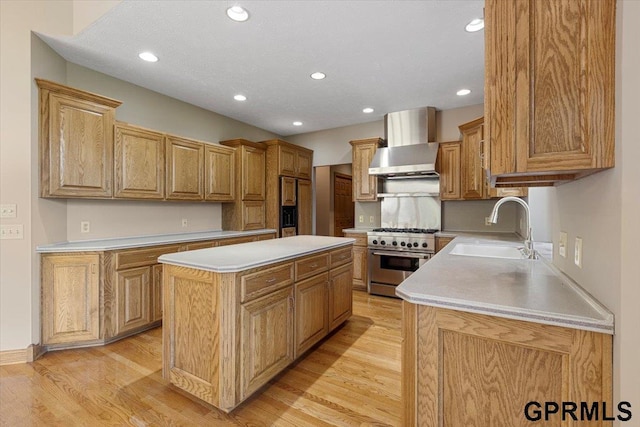 kitchen featuring a kitchen island, high quality appliances, sink, wall chimney exhaust hood, and light hardwood / wood-style flooring