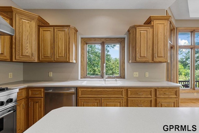 kitchen with stainless steel dishwasher, wall chimney exhaust hood, sink, and stove