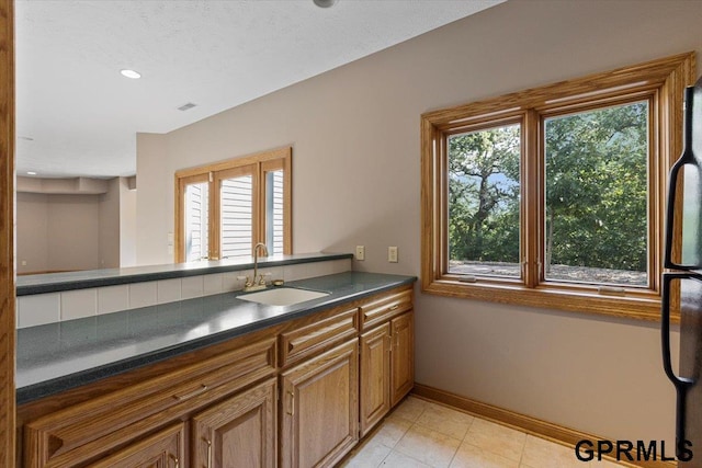 kitchen featuring black refrigerator and sink