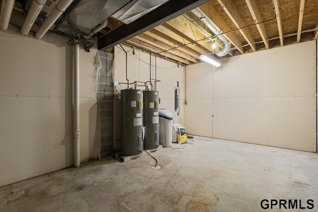 basement featuring electric panel and electric water heater