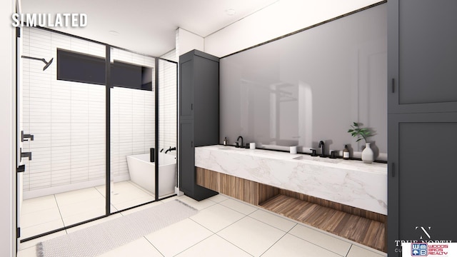 bathroom with shower with separate bathtub and tile patterned floors