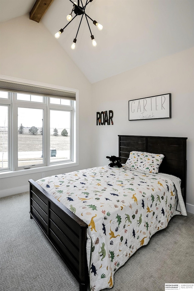 carpeted bedroom featuring vaulted ceiling with beams