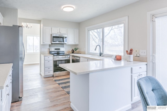 kitchen with sink, white cabinetry, stainless steel appliances, light hardwood / wood-style floors, and kitchen peninsula