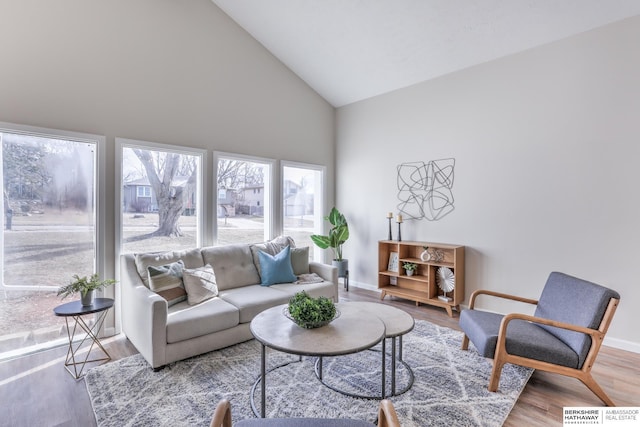 living room featuring high vaulted ceiling and light wood-type flooring