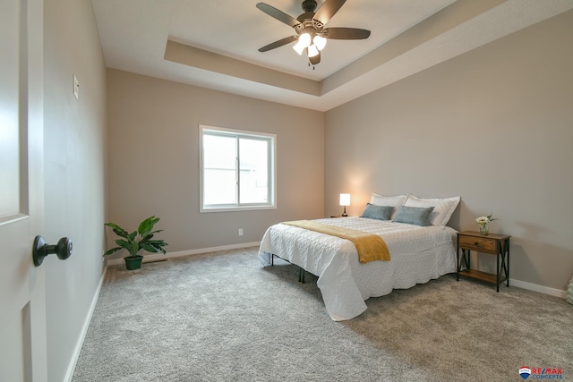 bedroom with a raised ceiling, ceiling fan, and carpet