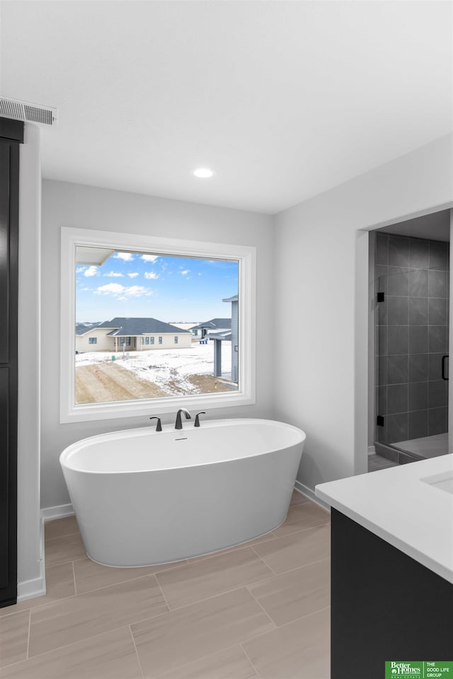 bathroom with vanity, a wealth of natural light, and a bathing tub