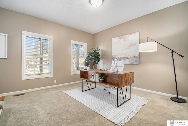 home office with light carpet