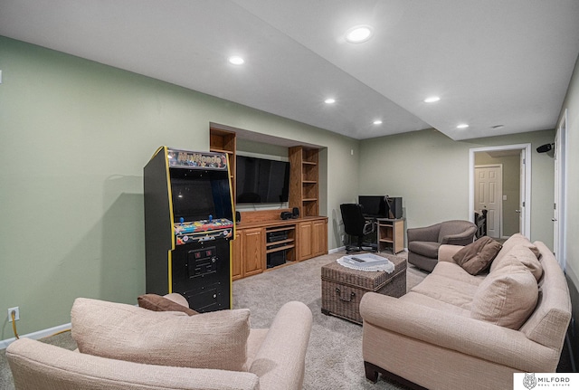 living room featuring light carpet