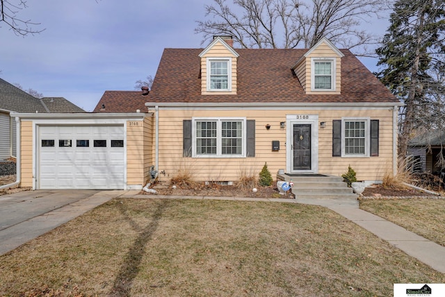 cape cod home with a garage and a front lawn