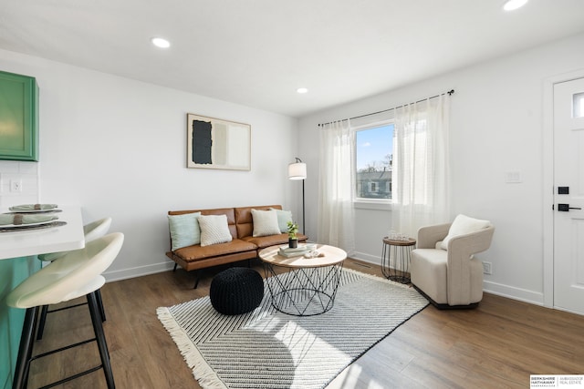 living room with dark hardwood / wood-style flooring