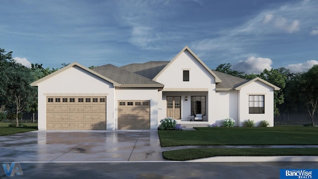 view of front of property with a garage, a front yard, and a porch