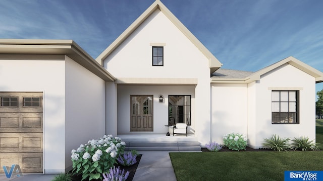 property entrance with a garage, a porch, and a lawn