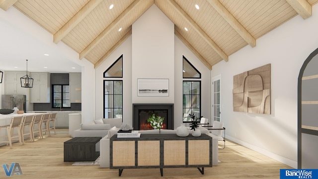 living room featuring beam ceiling, high vaulted ceiling, wood ceiling, and light hardwood / wood-style floors