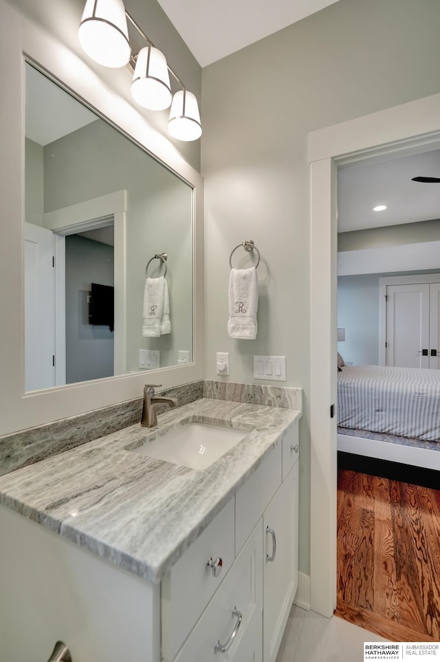 bathroom with vanity and wood-type flooring