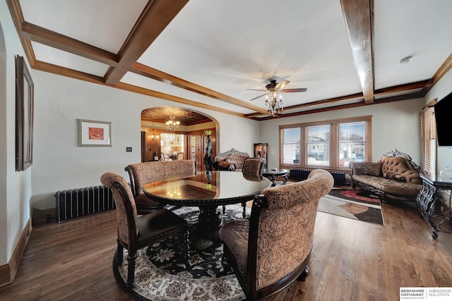 dining room featuring coffered ceiling, wood-type flooring, radiator heating unit, beam ceiling, and ceiling fan with notable chandelier