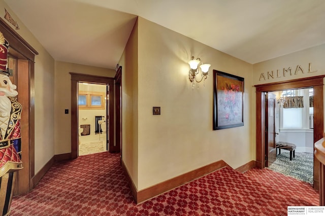 hallway with dark colored carpet