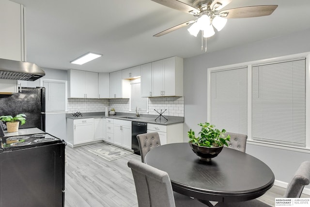 kitchen featuring white cabinetry, sink, decorative backsplash, and black appliances