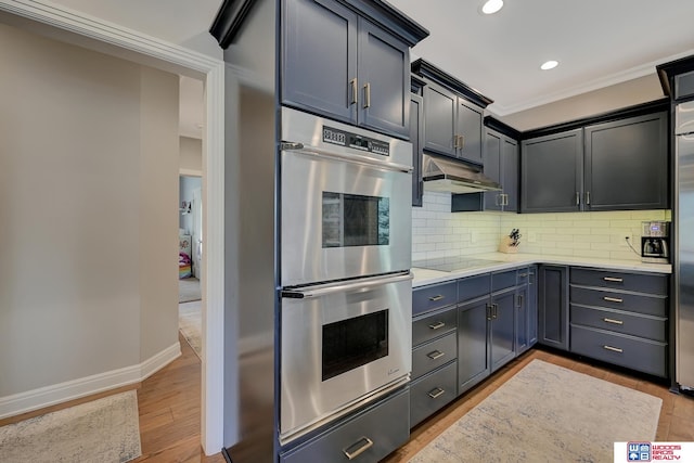 kitchen with decorative backsplash, ornamental molding, black electric stovetop, light hardwood / wood-style floors, and stainless steel double oven