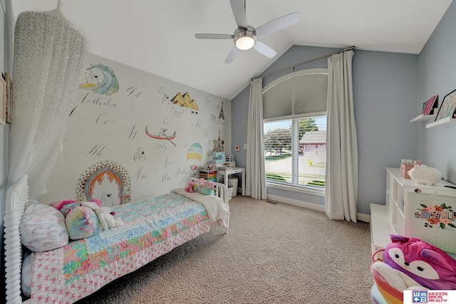 bedroom with lofted ceiling, light carpet, and ceiling fan