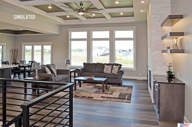 living room with dark hardwood / wood-style flooring, coffered ceiling, a wealth of natural light, and beam ceiling