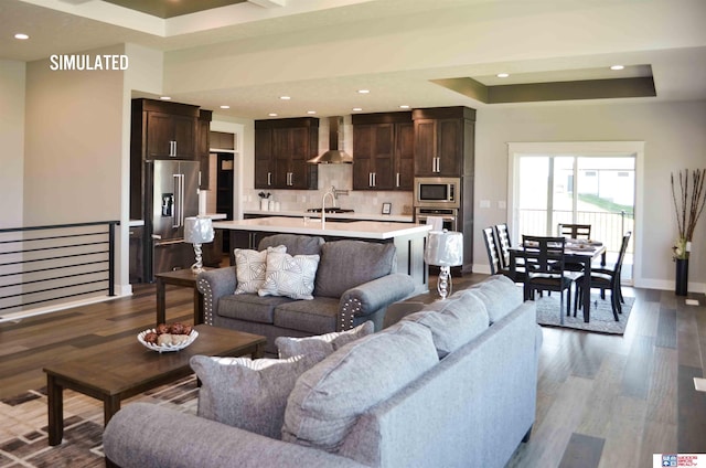 living room featuring sink, a tray ceiling, and hardwood / wood-style floors