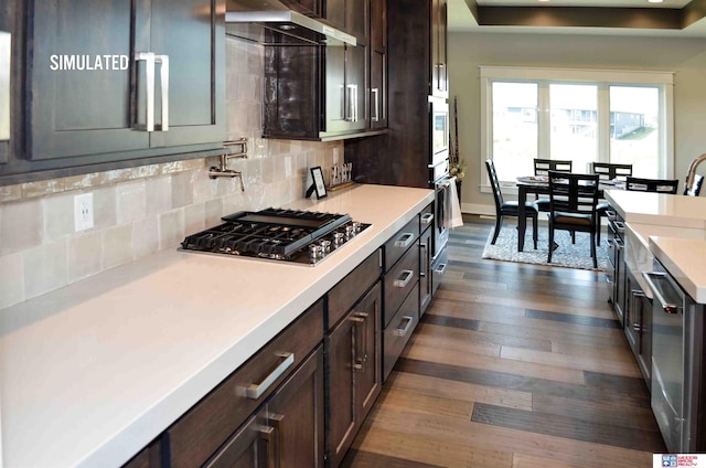 kitchen with tasteful backsplash, stainless steel appliances, dark wood-type flooring, and dark brown cabinets