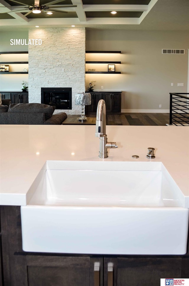 interior details with wood-type flooring, sink, ceiling fan, and a fireplace