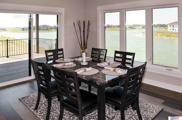 dining room featuring dark hardwood / wood-style flooring, a healthy amount of sunlight, and a water view